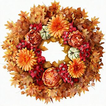 26" Fall Wreath Maple Leaves Peony Pumpkin Thanksgiving Decor
