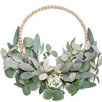 16" Wood Bead Eucalyptus Wreath Farmhouse Door Decor