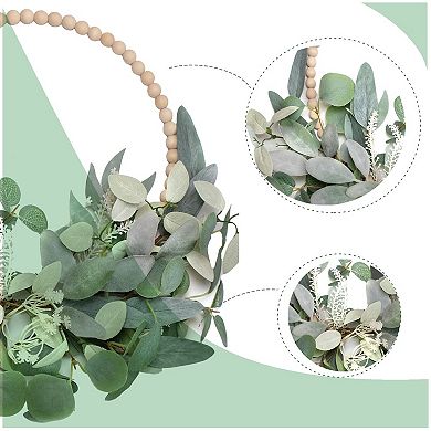 16" Wood Bead Eucalyptus Wreath Farmhouse Door Decor