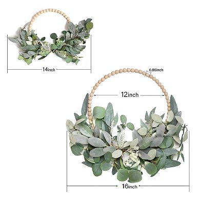 16" Wood Bead Eucalyptus Wreath Farmhouse Door Decor