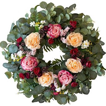 24 Inch Spring Wreath Rose Eucalyptus Door Decor