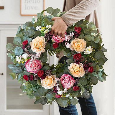 24 Inch Spring Wreath Rose Eucalyptus Door Decor
