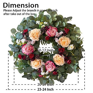 24 Inch Spring Wreath Rose Eucalyptus Door Decor