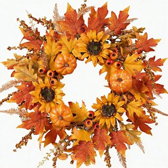 24 Inch, Fall Wreath Pumpkins Sunflowers Maple Leaves Berries Thanksgiving Harvest