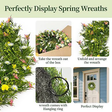 22" Spring Wreath Artificial Floral Cosmos Chamomile Daisies Grass Home Decor