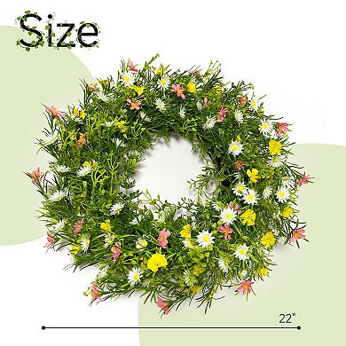 22" Spring Wreath Artificial Floral Cosmos Chamomile Daisies Grass Home Decor