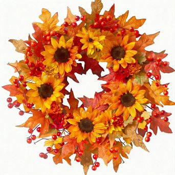 20" Sunflower Fall Wreath Maple Leaves Berry Thanksgiving Decor