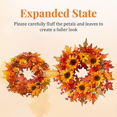 20" Sunflower Fall Wreath Maple Leaves Berry Thanksgiving Decor