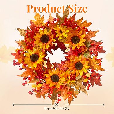 20" Sunflower Fall Wreath Maple Leaves Berry Thanksgiving Decor