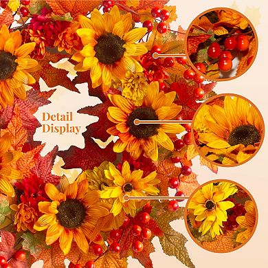 20" Sunflower Fall Wreath Maple Leaves Berry Thanksgiving Decor