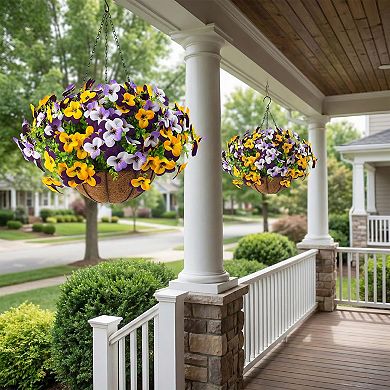 2-pack Artificial Pansies Hanging Baskets Silk Flowers Spring Decor