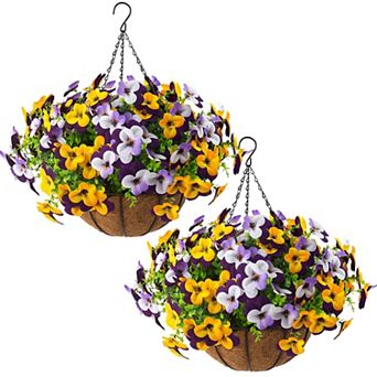 2-pack Artificial Pansies Hanging Baskets Silk Flowers Spring Decor