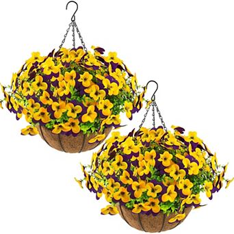 2-pack Artificial Pansies Hanging Baskets Silk Flowers Spring Decor