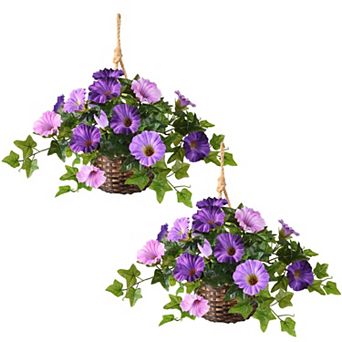 2-pack Artificial Morning Glory Hanging Basket Planter Decor