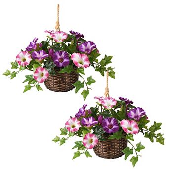 2-pack Artificial Morning Glory Hanging Basket Planter Decor