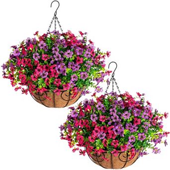 2 Packs Artificial Hanging Flowers Basket UV Resistant Outdoor Decor