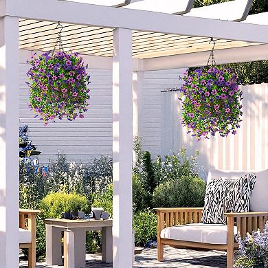 Faux Hanging Flowers Basket UV Resistant Silk Outdoor Decor