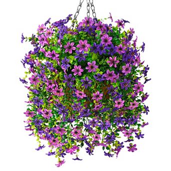 Faux Hanging Flowers Basket UV Resistant Silk Outdoor Decor