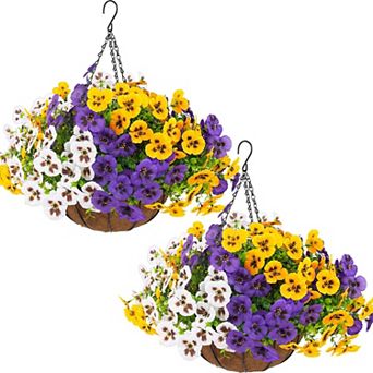 2 pc Artificial Hanging Pansy Flowers With Baskets Outdoor Decor