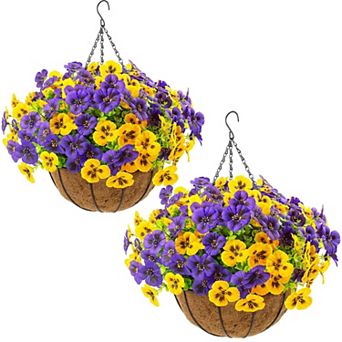 2 pc Artificial Hanging Pansy Flowers With Baskets Outdoor Decor