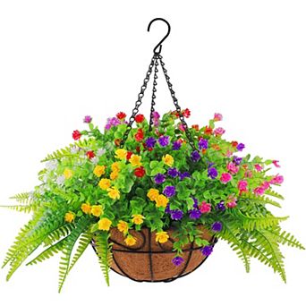 Artificial Hanging Basket UV Resistant Faux Rose Eucalyptus Ferns Garden Decor