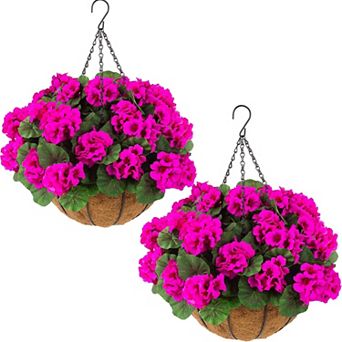 2-pack Artificial Red Geraniums Hanging Baskets Planters Porch Decor