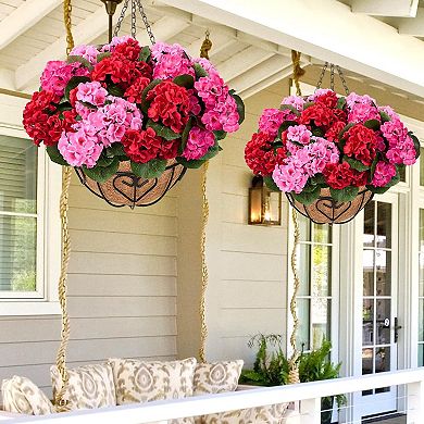 2-pack Artificial Geraniums Hanging Baskets Outdoor UV Resistant