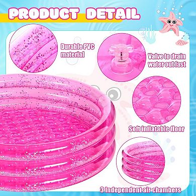 47 Inch Inflatable Kiddie Pool 3 Rings Glitter Bottom Backyard Garden