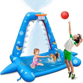 110" Inflatable Shark Splash Pad With Basketball Hoop Outdoor Water Toy