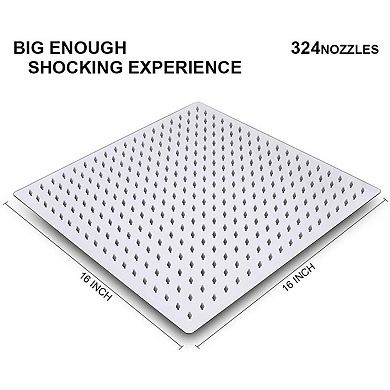 16 Inch Rain Shower Head Stainless Steel Square Rainfall Waterfall Ceiling Wall Mount