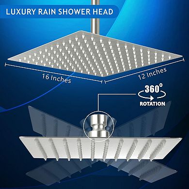 16*12” Rain Shower Head Square High Flow Waterfall Ceiling Wall Mount