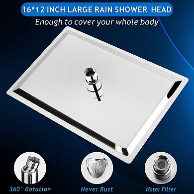 16*12” Rain Shower Head Square High Flow Waterfall Ceiling Wall Mount