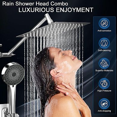 10” Rain Shower Head With Handheld Spray Combo Extension Arm Long Hose
