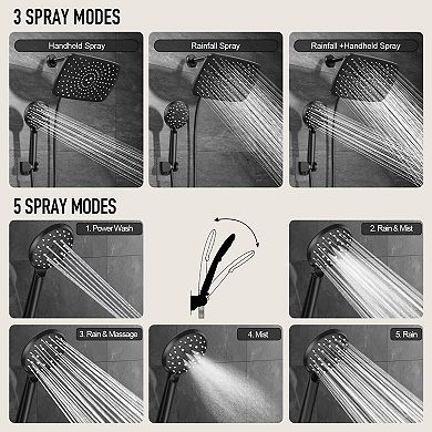 11.8” Rain Shower Head Handheld Combo 5 Spray Modes Dual Heads