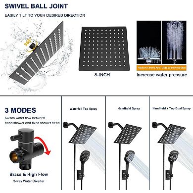 8” Shower Head Hose Rain Handheld Spray Push Button Flow Control