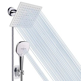 8” Shower Head Hose Rain Handheld Spray Push Button Flow Control