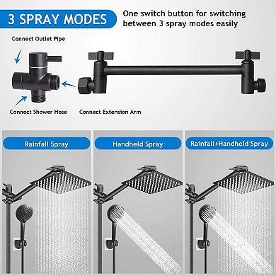 8" Shower Head Set Combo Rain Extension Arm Handheld Spray Hose