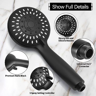 Shower Head Handheld 5-Settings High Spray Hose Mount