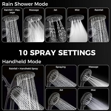 Rain Shower Head Handheld Combo 10 Spray Modes Magnetic Dock