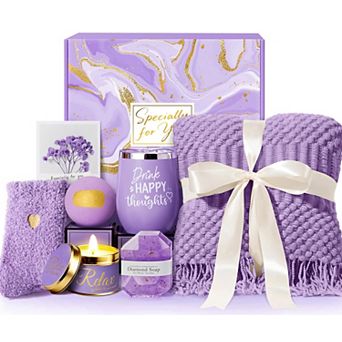 Lavender Spa Gift Basket Women Self Care Relaxation Blanket Set