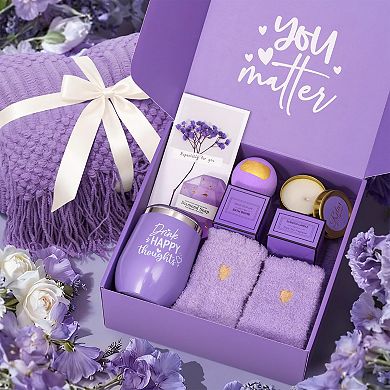Lavender Spa Gift Basket Women Self Care Relaxation Blanket Set