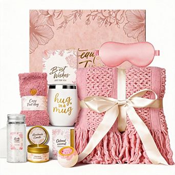 Self Care Gift Basket With Knitted Throw Blanket