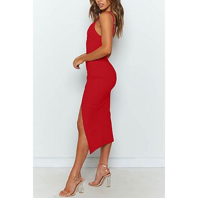 Women's Spaghetti Strap High Waist Split Midi Bodycon Dress