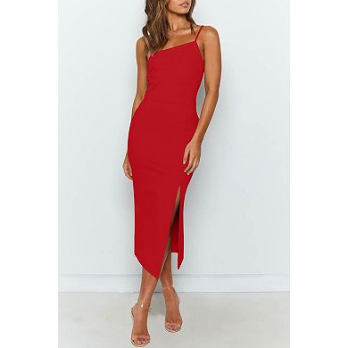 Women's Spaghetti Strap High Waist Split Midi Bodycon Dress