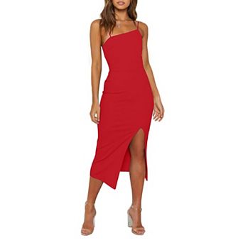 Women's Spaghetti Strap High Waist Split Midi Bodycon Dress