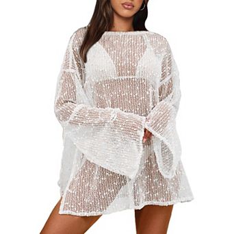 Crochet Swimsuit Coverup Women Boat Neck Beach Caftan Dress