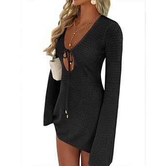 Women's Crochet Cover Up V Neck Mesh Beach Dress Long Sleeve