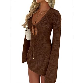 Women's Crochet Cover Up V Neck Mesh Beach Dress Long Sleeve