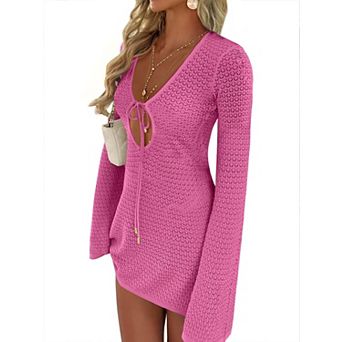 Women's Crochet Cover Up V Neck Mesh Beach Dress Long Sleeve