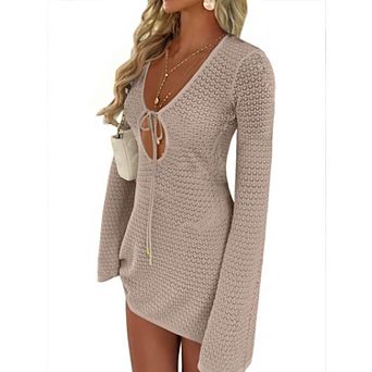 Women's Crochet Cover Up V Neck Mesh Beach Dress Long Sleeve